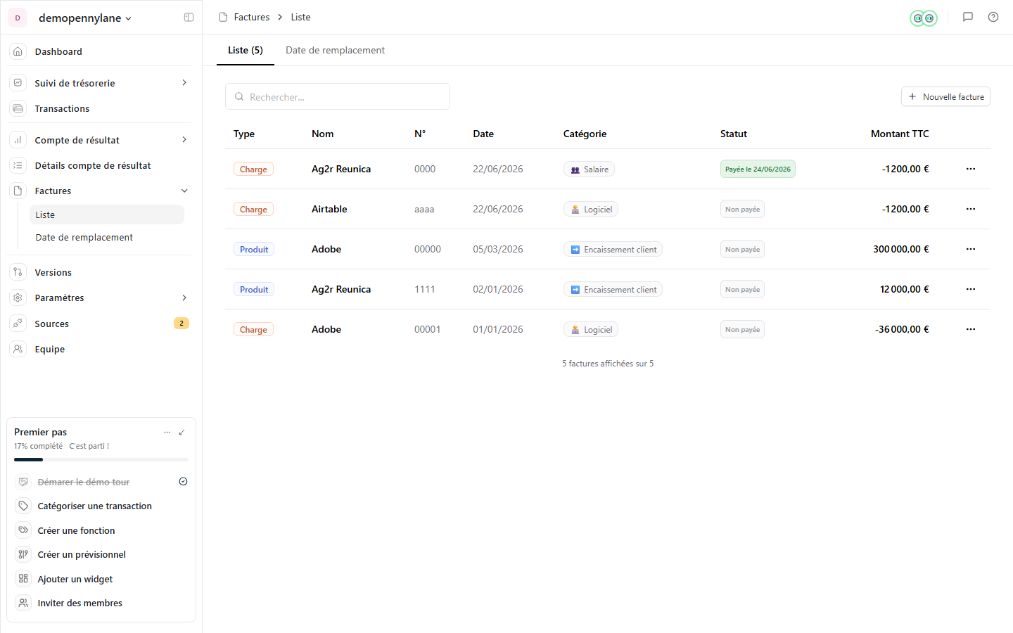 Liste des factures produits et charges avec type, statut et montant TTC