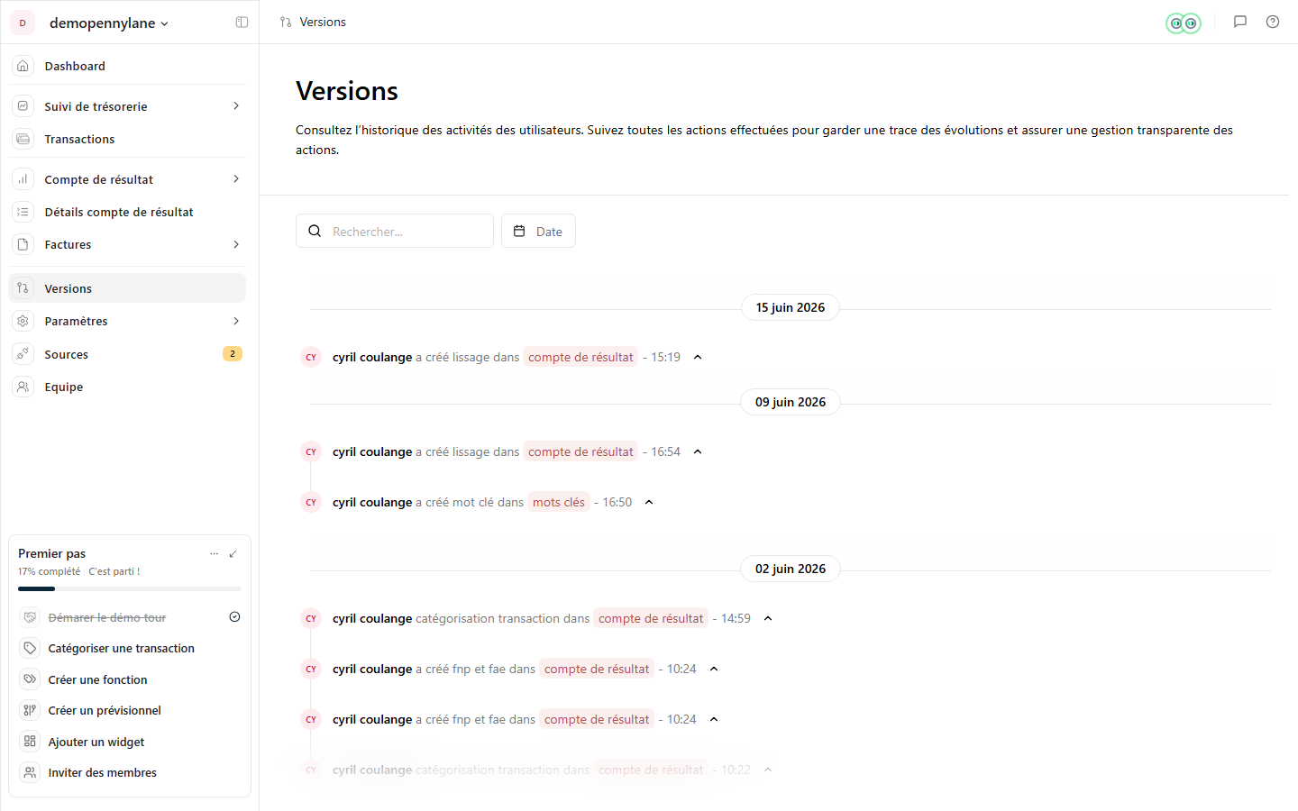Versions - historique des actions