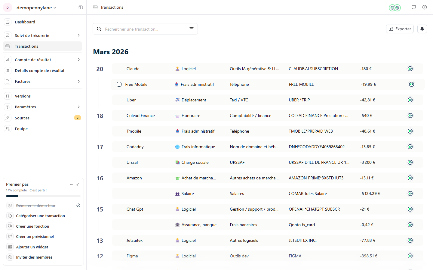 Écran principal du module Transactions